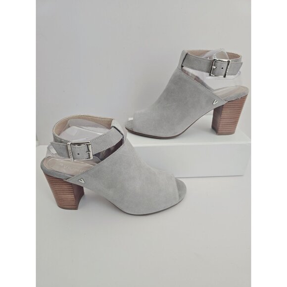Vionic Kaia Gray Peep Open Toe Ankle Strap Suede Block Heel Sandals Shoes 10 - Picture 1 of 9